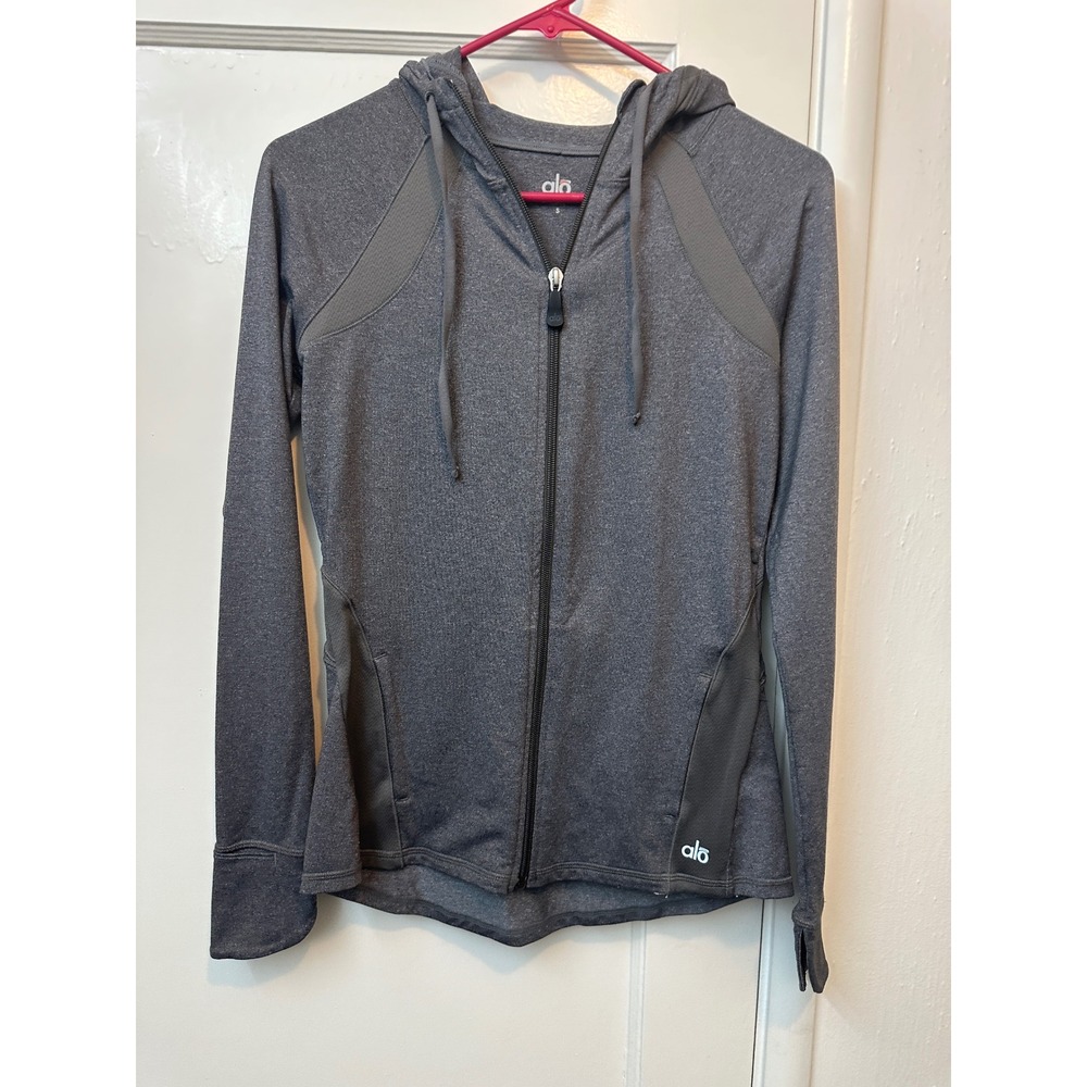 Alo Yoga Womens Gray Heathered Mesh Trim Full Zip Hoodie Jacket Size S RN87370